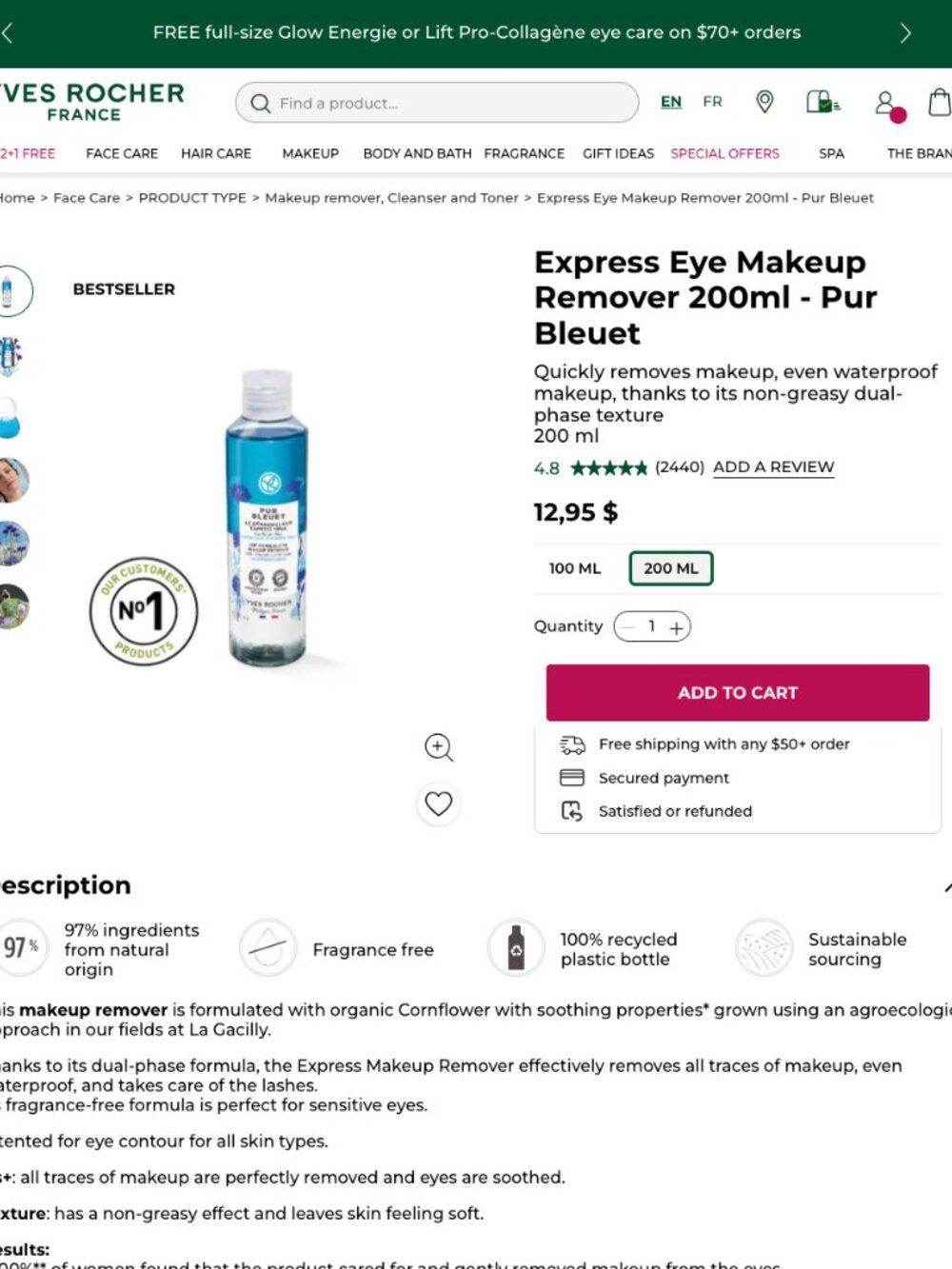 3/$25: Yves Rocher Pur Bleuet Express Eye Makeup Remover 50mL BNIB - Picture 2 of 5